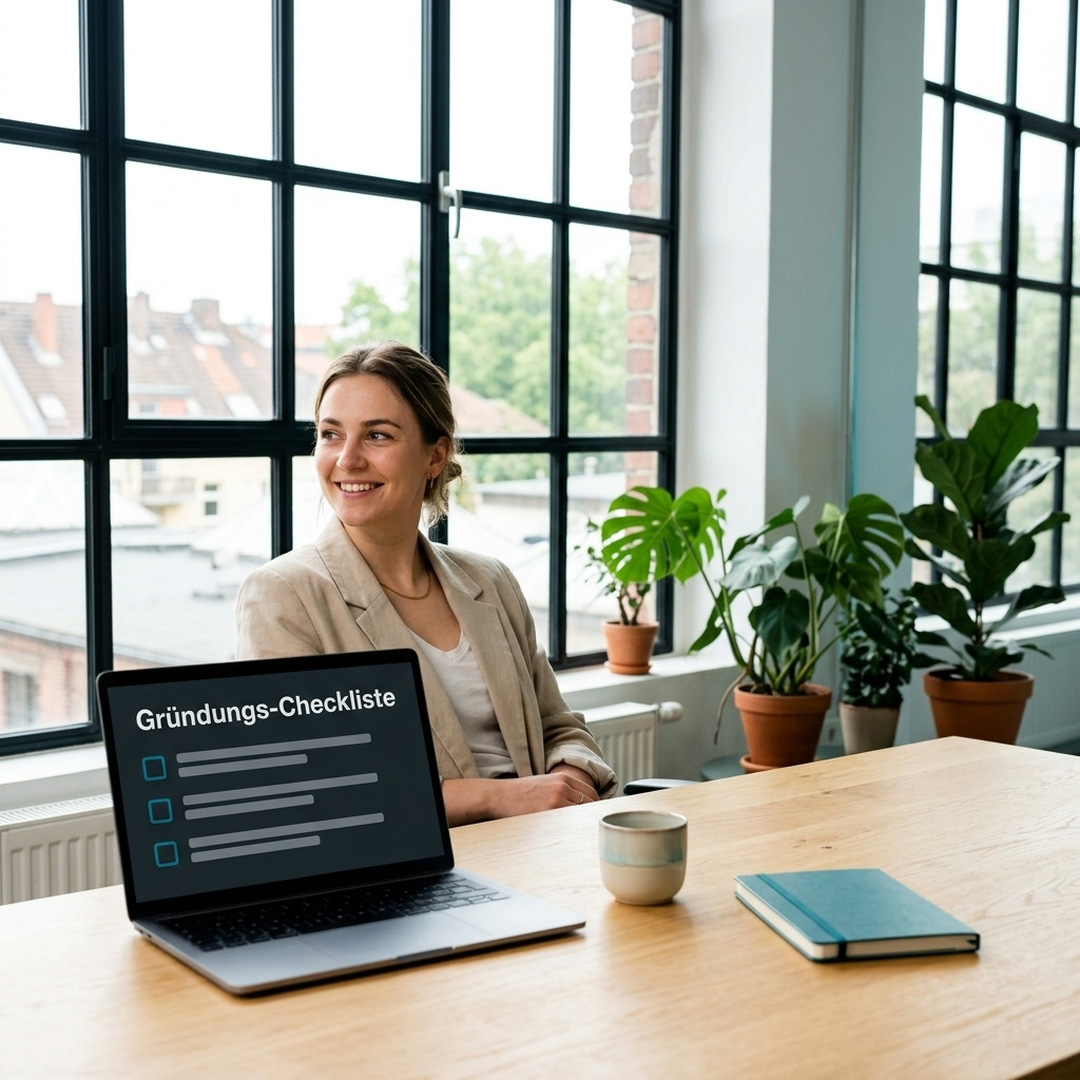 Gründerin arbeitet am Laptop in einem hellen, modernen Büro